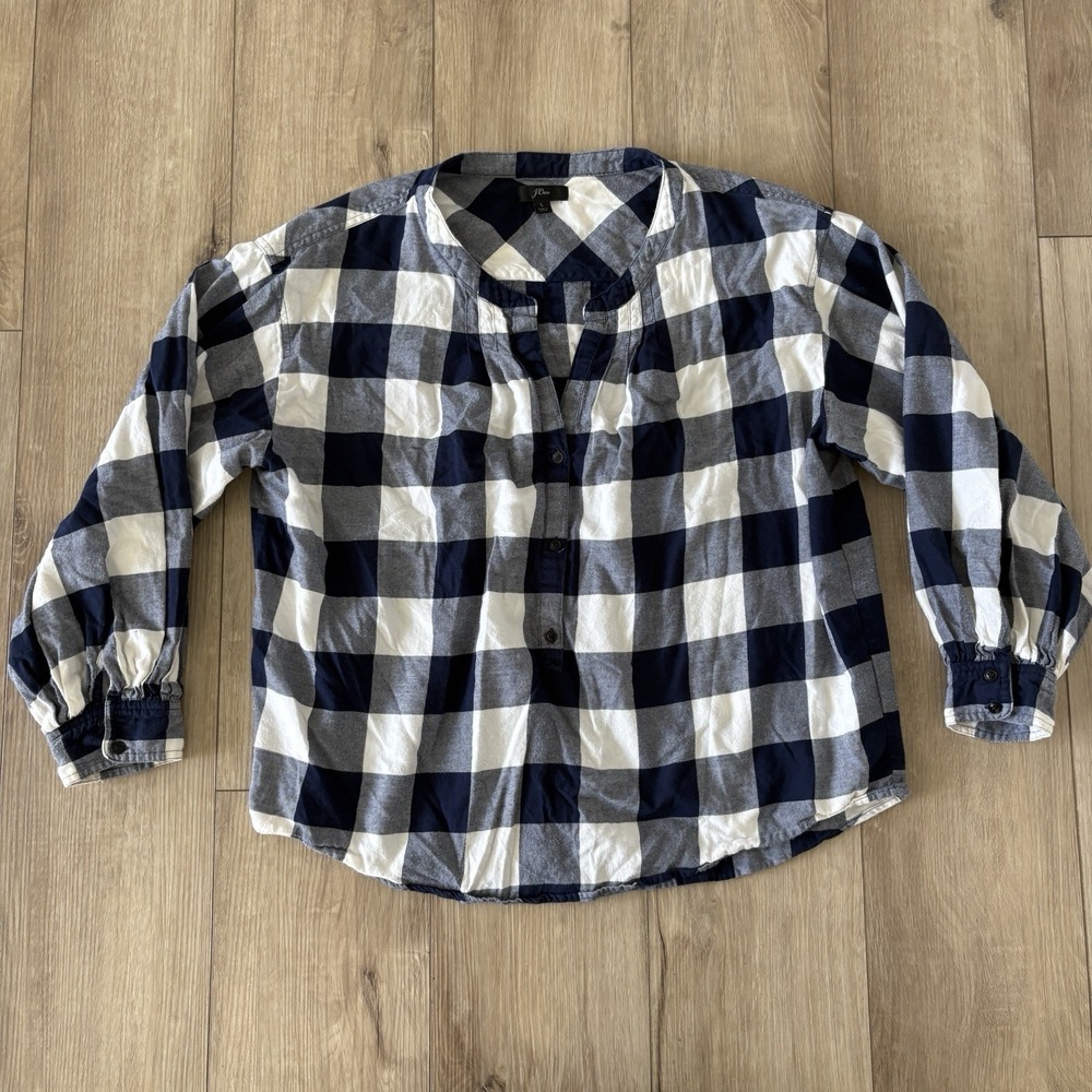 J.Crew Flannel Shirt Woman's Size Large Buffalo Check Blue White Long Sleeve